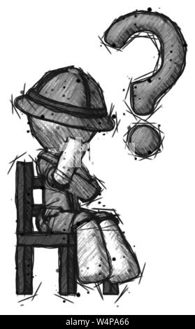 Sketch explorer ranger man question mark concept, sitting on chair thinking. Stock Photo