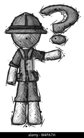 Sketch explorer ranger man holding question mark to right. Stock Photo