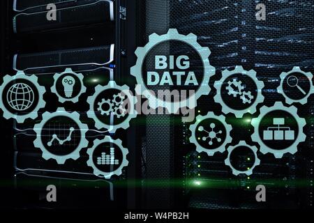 Big Data Concept of hi tech and innovation in business and production. Virtual screen on data center server background. Stock Photo