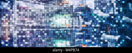Binary code on datacenter background. Cyber space concept. UniqueTechnology Wallpaper Stock Photo