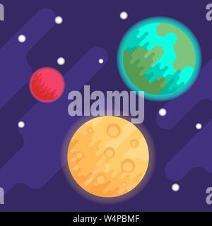 Planets Earth and Mars, as well as the Moon against the background of space and stars. Vector flat illustration. Stock Vector