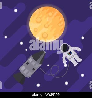 Astronaut and rocket in the open space on the background of the moon. Vector flat illustration. Stock Vector