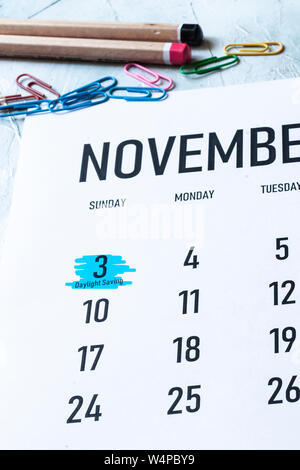 Daylight Saving Time, DST - November 3 marked on Calendar Stock Photo