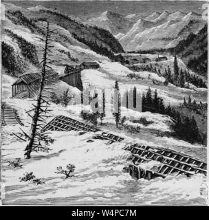 Engraving of the snow sheds on the Transcontinental Railroad over Donner Pass, California, from the book 'Industrial history of the United States' by Albert Sidney Bolles, 1878. Courtesy Internet Archive. () Stock Photo