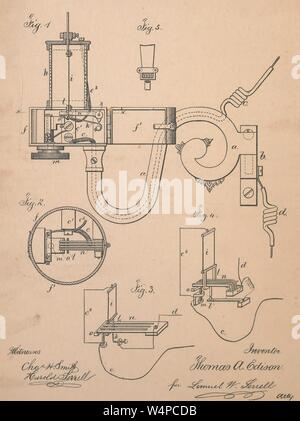 Engraved drawing of the electric lighting apparatus by Thomas Edison, from the book 'Collection of United States patents granted to Thomas A. Edison' by Thomas Alva Edison, Norris Peters, and William Joseph, 1869. Courtesy Internet Archive. () Stock Photo