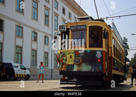 Famous yellow tram of Porto. Stock Photo