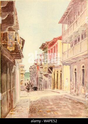Engraved drawing of the Avenida Street in Panama City, Panama, from the book 'Panama and the canal in picture and prose' by Willis John Abbot, 1913. Courtesy Internet Archive. () Stock Photo