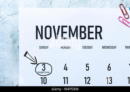 Daylight Saving Time, DST - November 11 marked on Calendar Stock Photo