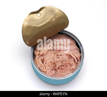 Open lid of metal can of tuna on white background Stock Photo