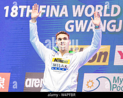 24 july 2019 Gwangju, South Korea 18th FINA World Aquatics Championships  24-07-2019: Zwemmen: WK 2019: Gwangju MILAK Kristof HUN HUNGARY Gold Medal Gwangju South Korea 24/07/2019 Swimming Men's 200m Butterfly Final 18th FINA World Aquatics Championships Nambu University Aquatics Center  Photo © Giorgio Scala / Deepbluemedia / Insidefoto Stock Photo