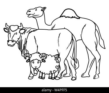 Camel cow and goat animals cartoons in black and white Stock Vector