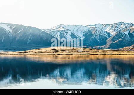 Mountain Alpine Lake Reflection Landscape, Snow Capped Peaks Alpine Scenic View, Canterbury New Zealand Stock Photo