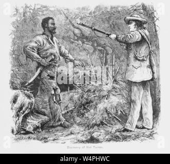 Black and white illustration, captioned 'Discovery of Nat Turner, ' depicting the moment when Nat Turner, the leader of an 1831 slave uprising in Southampton County, Virginia, was discovered after hiding in the forest for two months following his unsuccessful rebellion, Turner, dressed in ragged garments, steps forward with a defiant expression on his face and one hand clutching his sword, a long-haired man at right, wearing a hat, jacket, and trousers, and a serious expression on his face, points a gun at Turner's head, 1881. From the New York Public Library. () Stock Photo