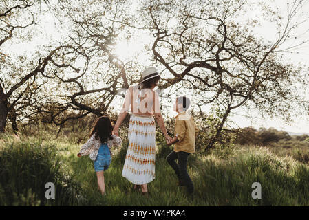 Back view of mother holding son and daughter's hands and walking Stock Photo