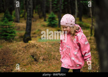 Adorable blond little girl in pink raincoat wandering in dark Icelandic forest among trees Stock Photo