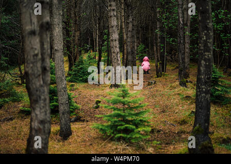 Anonymous kid in pink coat sitting among old mossy trees in beautiful tranquil forest of Reykjavik, Iceland Stock Photo