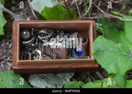 casket treasure wooden box silver jewels Stock Photo