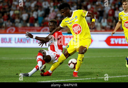 Belgrade. 24th July, 2019. Crvena Zvezda's Milan Rodic (R) vies with HJK's  Nikolai Alho (L) during UEFA Champions League first leg of the second  qualifying round between Serbia's Crvena Zvezda and Finland's