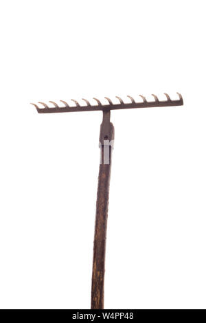 Old garden rake on white background Stock Photo
