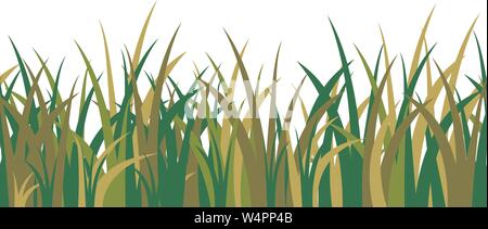 Green grass stalks, tuft and seamless pattern isolated on white background. Vector illustration for cartoon decor landscape Stock Vector
