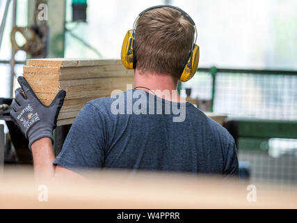Wismar, Germany. 24th July, 2019. An employee places wooden boards for the production of new wooden pallets at the company Paletten-Service in an assembly robot. The Hamburg-based company produces pallets of different sizes and standards at various locations. According to the company, the plant in Wismar is one of the most modern pallet plants in Germany and can produce well over two million standardized Euro pallets per year. The pallets are delivered to logistics companies throughout Europe. Credit: Jens Büttner/dpa-Zentralbild/dpa/Alamy Live News Stock Photo