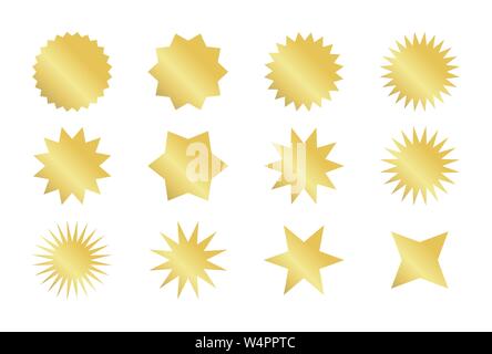 Starburst sticker set. Golden sunburst badges in different styles. Stock Vector