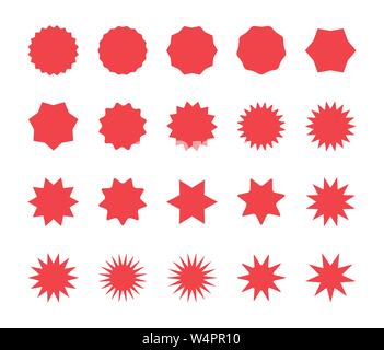Red starburst badges set. Sunburst price labels. Stock Vector