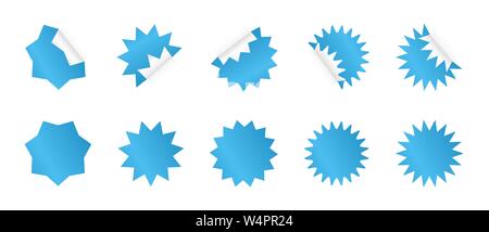 Set of blue sunburst sticker. Starburst badges in different styles. Stock Vector