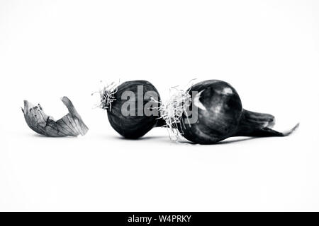Sliced two onions or cut two onions isolated on white,raw,fresh and organic,Close up view. Stock Photo