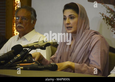 Lahore, Pakistan. 24th July, 2019. Vice President Muslim League (N) and daughter of jailed former prime minister Nawaz Sharif Maryam Nawaz Sharif along with senior leader of PML(N) addressing the press conference her residence in Lahore. Maryam Nawaz, said that physicians who examined her father in his prison cell have recommended hospitalization, saying his life is at risk. Credit: Rana Sajid Hussain/Pacific Press/Alamy Live News Stock Photo