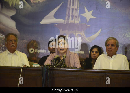 Lahore, Pakistan. 24th July, 2019. Vice President Muslim League (N) and daughter of jailed former prime minister Nawaz Sharif Maryam Nawaz Sharif along with senior leader of PML(N) addressing the press conference her residence in Lahore. Maryam Nawaz, said that physicians who examined her father in his prison cell have recommended hospitalization, saying his life is at risk. Credit: Rana Sajid Hussain/Pacific Press/Alamy Live News Stock Photo