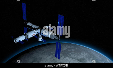 View of TIANGONG 3 - Chinese space station orbiting the planet Earth on black space with stars background. 3D Illustration Stock Photo