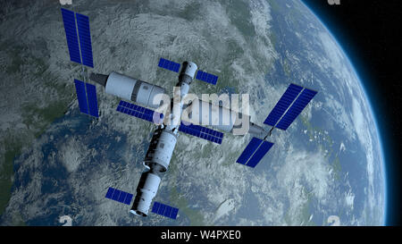 View of TIANGONG 3 - Chinese space station orbiting the planet Earth on black space with stars background. 3D Illustration