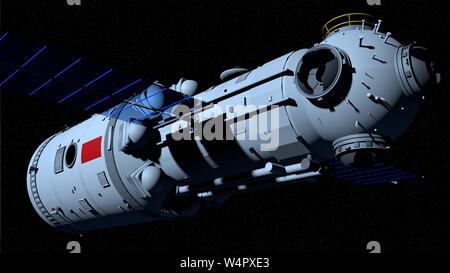 3D model of the TIANHE core module of the TIANGONG 3 - Chinese space station flying on black space with stars background. 3D Illustration Stock Photo