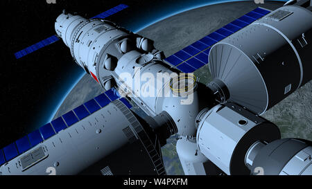 View of TIANGONG 3 - Chinese space station orbiting the planet Earth on black space with stars background. 3D Illustration
