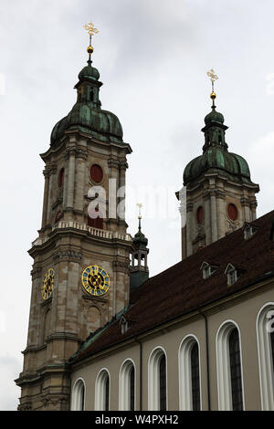 The twin spires of the Abbey of St. Gall stand above the city of St. Gallen, Switzerland. Stock Photo