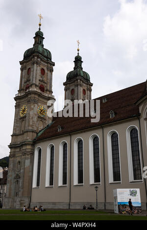 The twin spires of the Abbey of St. Gall stand above the city of St. Gallen, Switzerland. Stock Photo