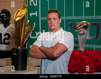 Hollywood, CA. 24th July, 2019. Colorado Buffaloes linebacker Nate Landman poses for a photo in front of the Rose Bowl and National Championship trophies at the Pac-12 football media day on Wednesday, July 24, 2019 at the Hollywood and Highland, in Hollywood, CA. (Mandatory Credit: Juan Lainez/MarinMedia.org/Cal Sport Media) (Complete photographer, and credit required) Credit: csm/Alamy Live News Stock Photo