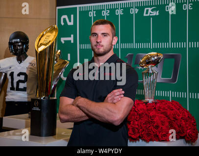 Hollywood, CA. 24th July, 2019. Stanford Cardinal linebacker Casey Toohill poses for a photo in front of the Rose Bowl and National Championship trophies at the Pac-12 football media day on Wednesday, July 24, 2019 at the Hollywood and Highland, in Hollywood, CA. (Mandatory Credit: Juan Lainez/MarinMedia.org/Cal Sport Media) (Complete photographer, and credit required) Credit: csm/Alamy Live News Stock Photo
