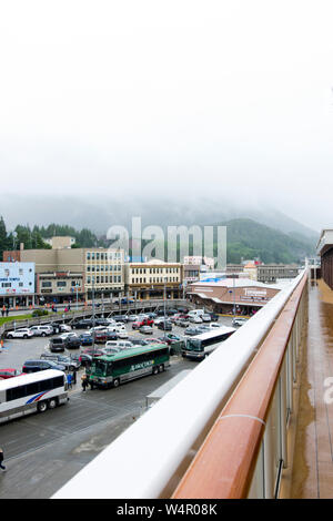 View of foggy Ketchikan Alaska from the side of Norwegian Joy cruise ship. Stock Photo
