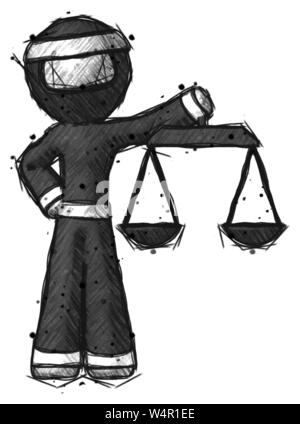 Sketch ninja warrior man holding scales of justice. Stock Photo
