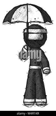 Sketch ninja warrior man holding umbrella. Stock Photo
