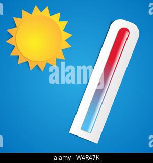 Paper style sky background with hot sun and a thermometer, vector illustration Stock Vector