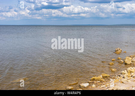 Spring landscape with wild beach on Kakhovka Reservoir located on the Dnipro River near Skelki village, Ukraine Stock Photo