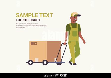 courier in uniform pushing trolley with cardboard box package mail express delivery service concept african american worker with hand truck flat full Stock Vector