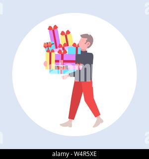 man carrying stack of wrapped gift boxes big seasonal sale shopping concept guy holding colorful presents flat full length Stock Vector