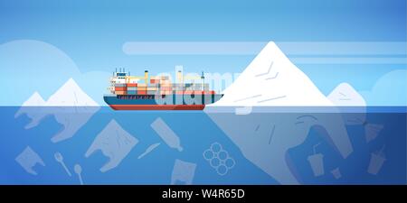 environmental problem of plastic rubbish pollution in ocean with container ship bags and other polluting waste floating underwater surface save the Stock Vector