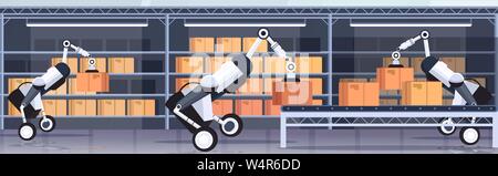 robotic workers loading cardboard boxes hi-tech smart factory robot artificial intelligence logistics automation technology concept modern warehouse Stock Vector