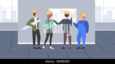 construction workers studying blueprint engineers team discussing new building project during meeting industrial technicians teamwork concept modern Stock Vector