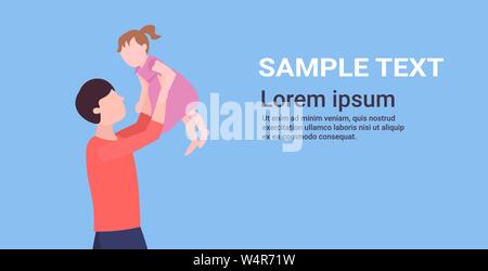 man lifting up his little baby father and daughter playing having fun happy family fatherhood concept cartoon characters portrait horizontal copy Stock Vector